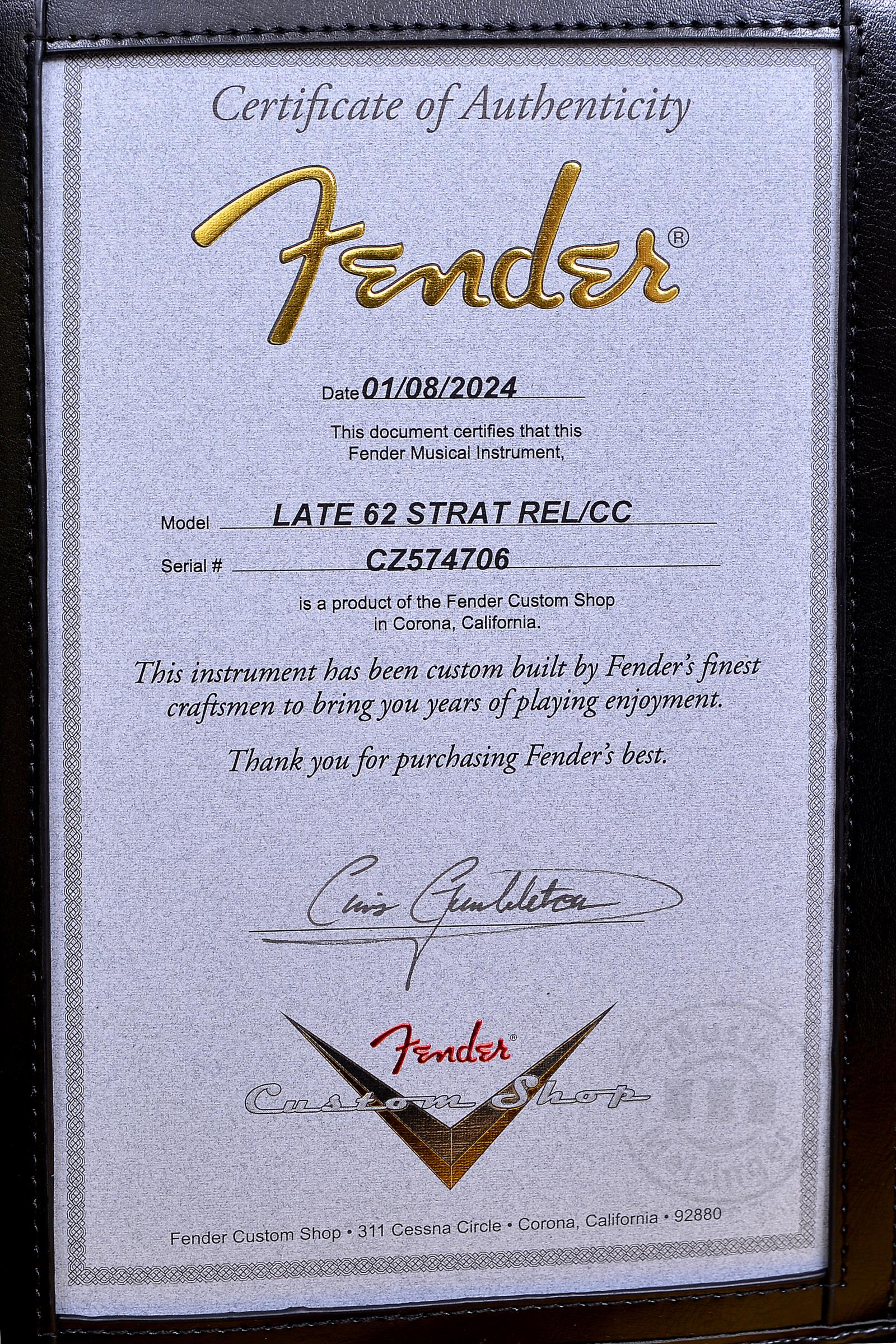 FENDER B3 LATE 62 STRAT REL/CC - SFAS