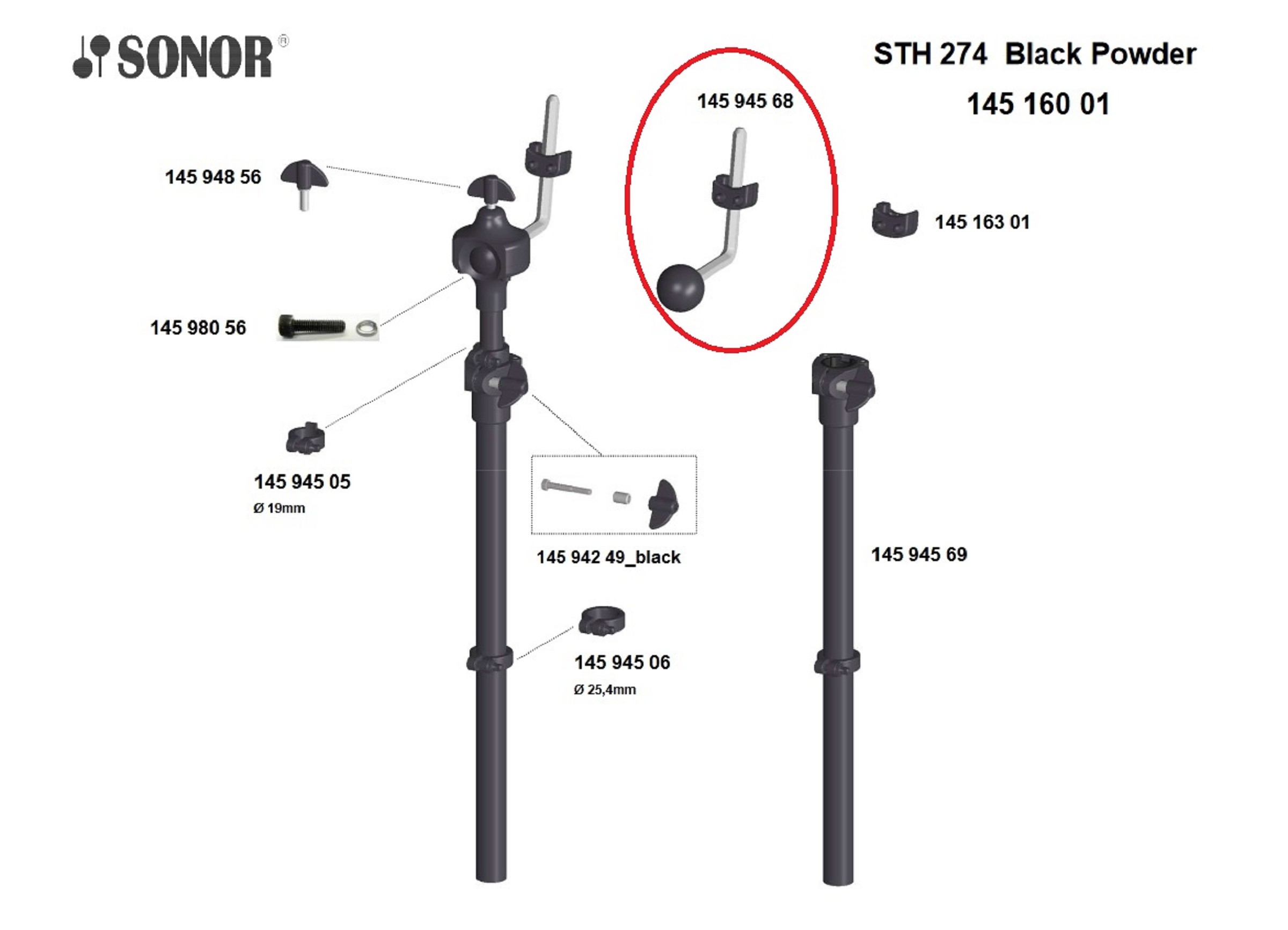 Sonor Parts 6-kant Arm komplett mit Ball + Stellring Black HW 200