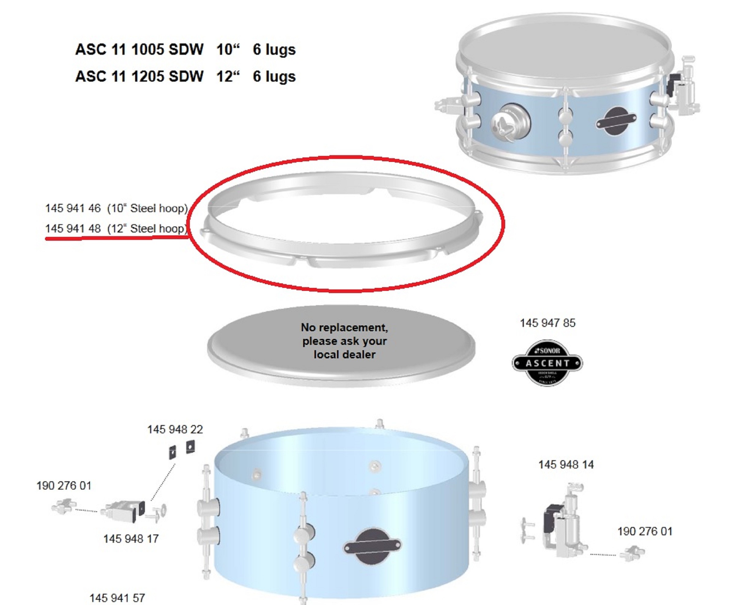 Sonor Parts Spannreifen 12" 6loch 2,3mm Chrom (SEF ASC F3007)