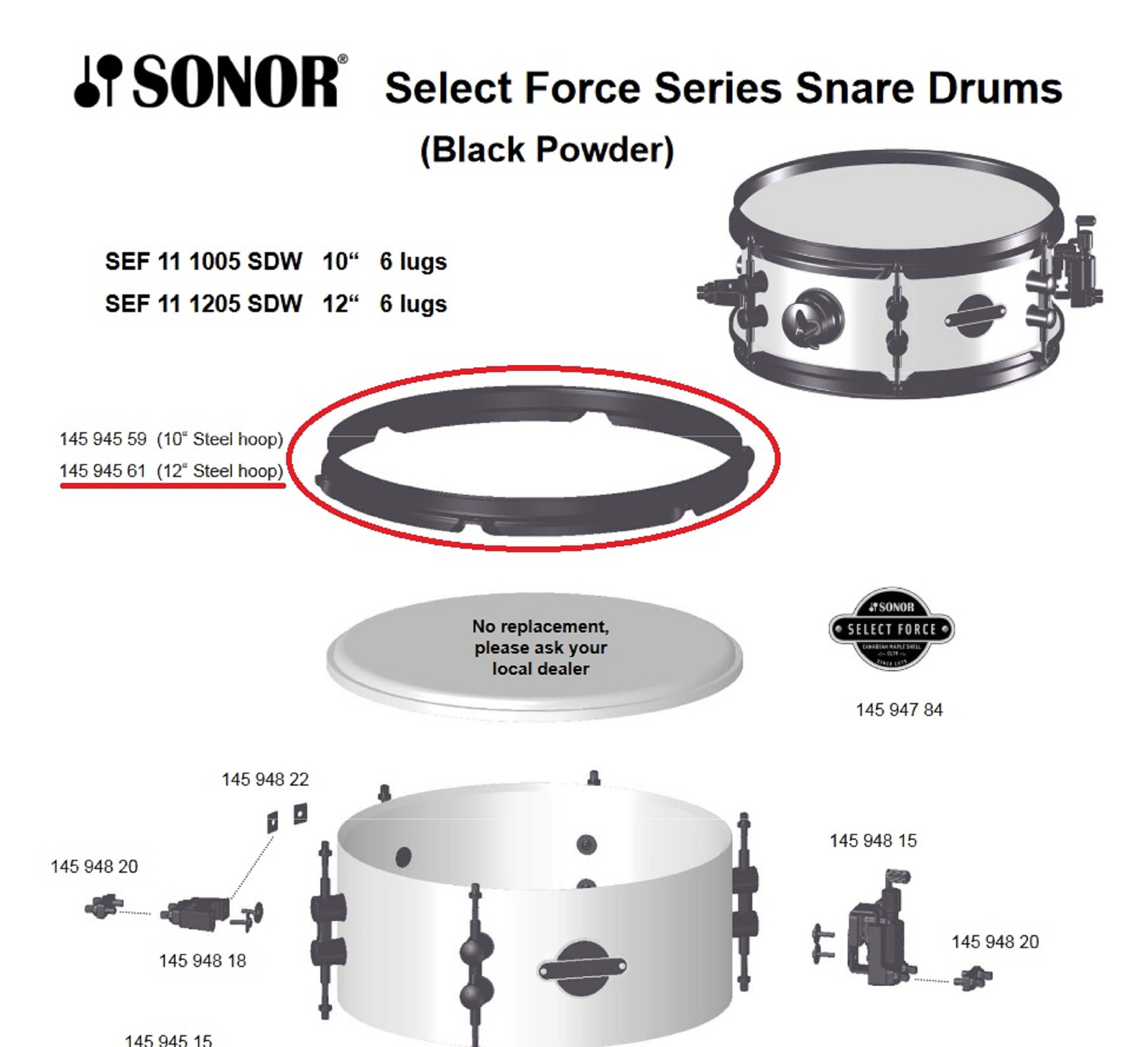 Sonor Parts Spannreifen 12" 6loch 2,3mm black powder (SEF F3007)