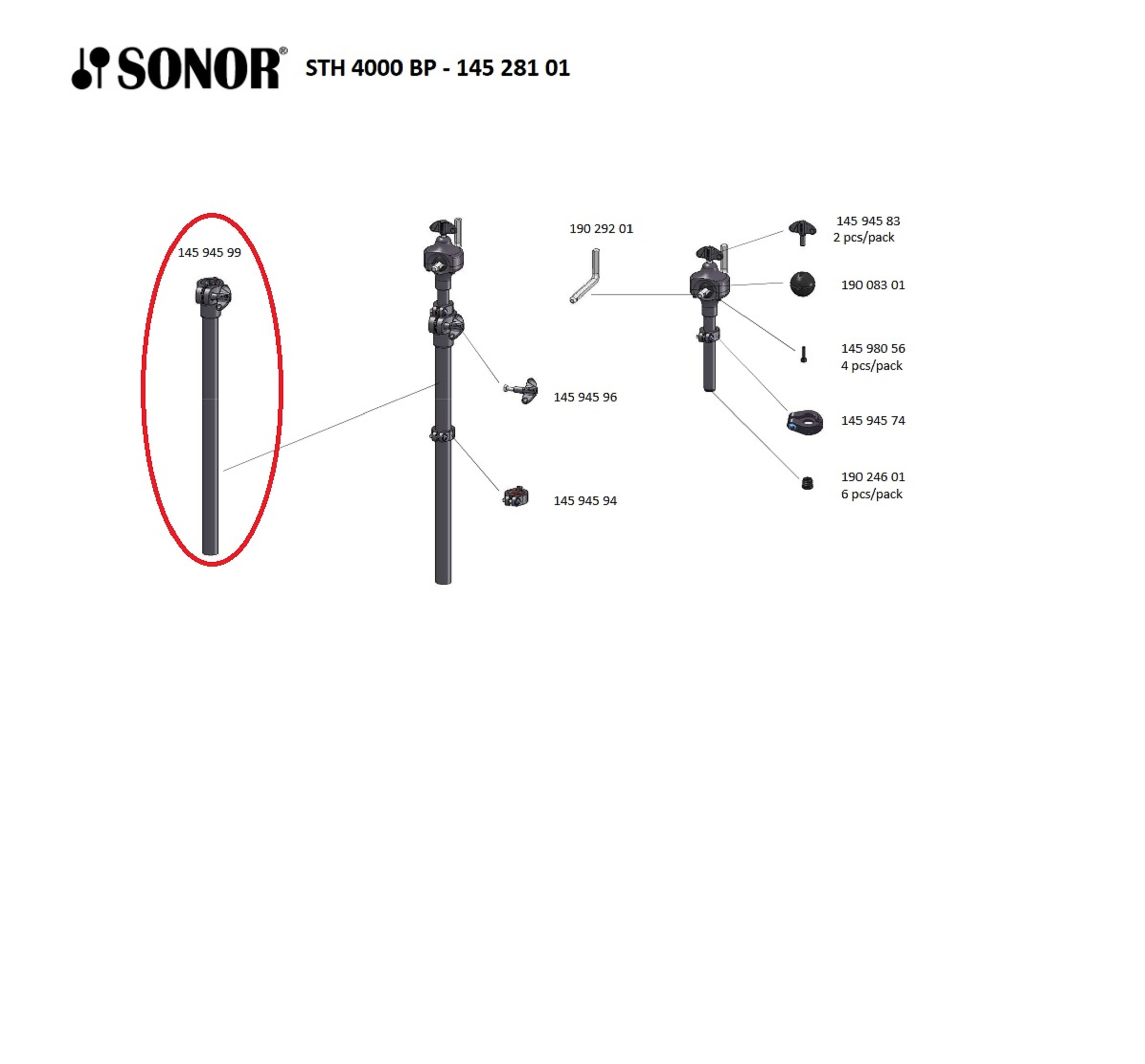 Sonor Parts Mittelrohr 25,4mm black powder 2-Segmenten Clemp HW4000