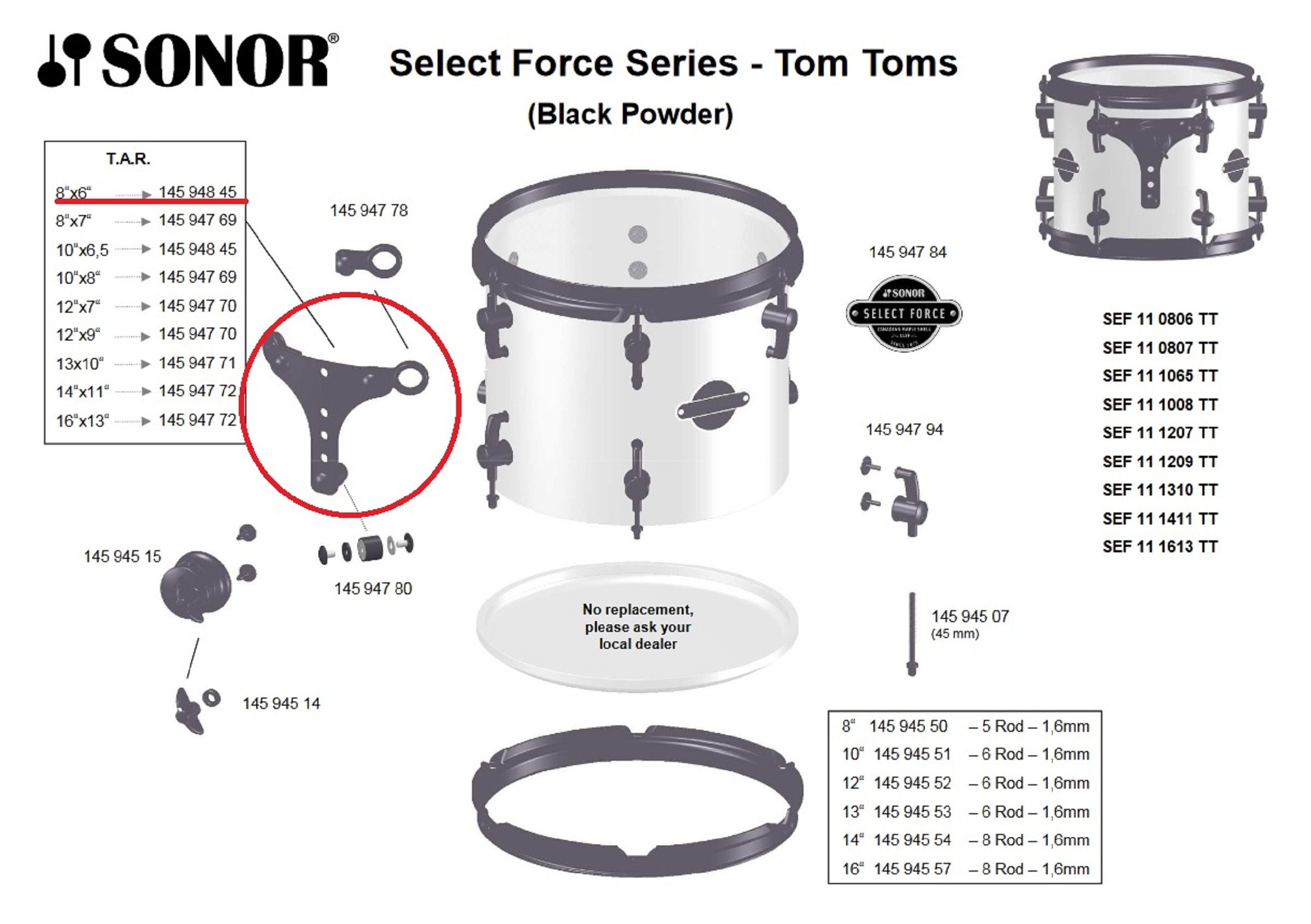 Sonor Parts TAR 0810-S black powder S-Drive ohne Prismenklemme ESF SEF