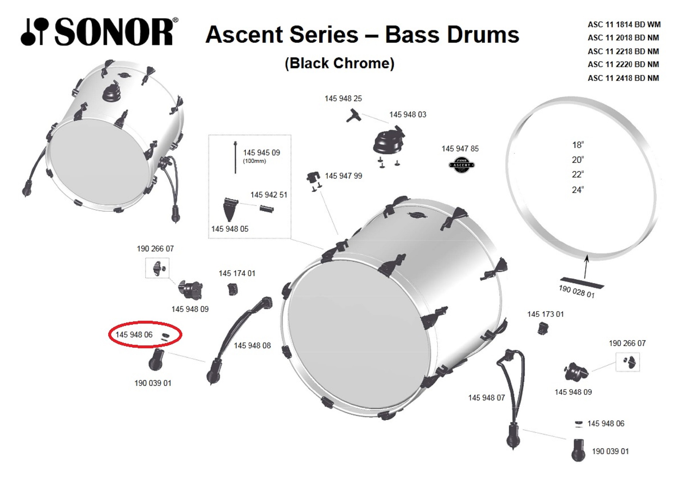 Sonor Parts Konterschraube black chrome BD Fuß (ASC) VE2