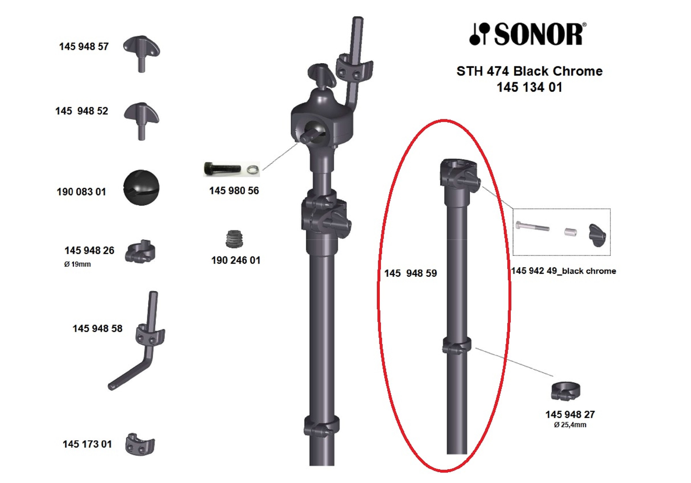 Sonor Parts Mittelrohr mit Klemmmuffe black chrom HW400