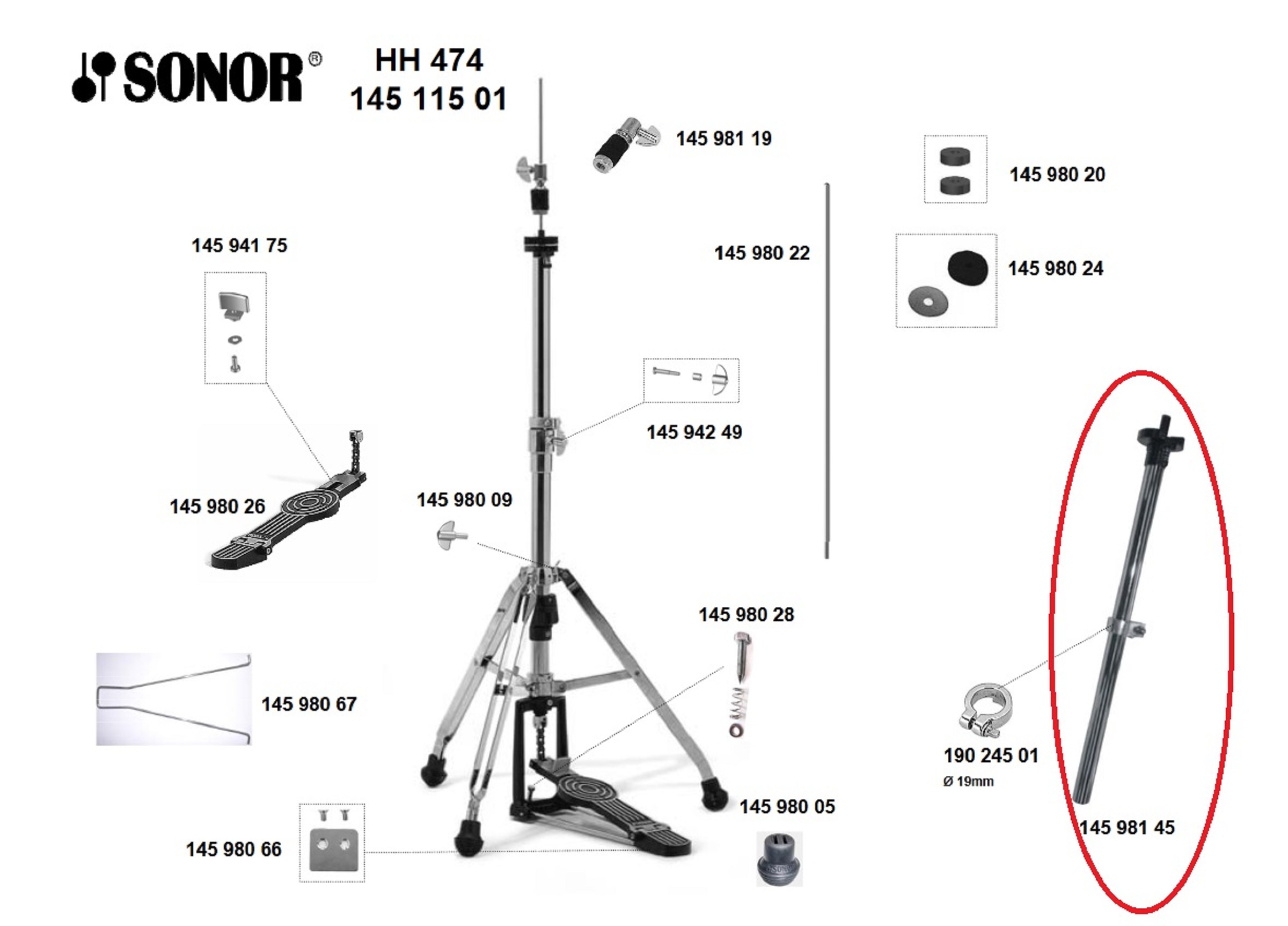 Sonor Parts Oberrohr mit Stellring für HH 400