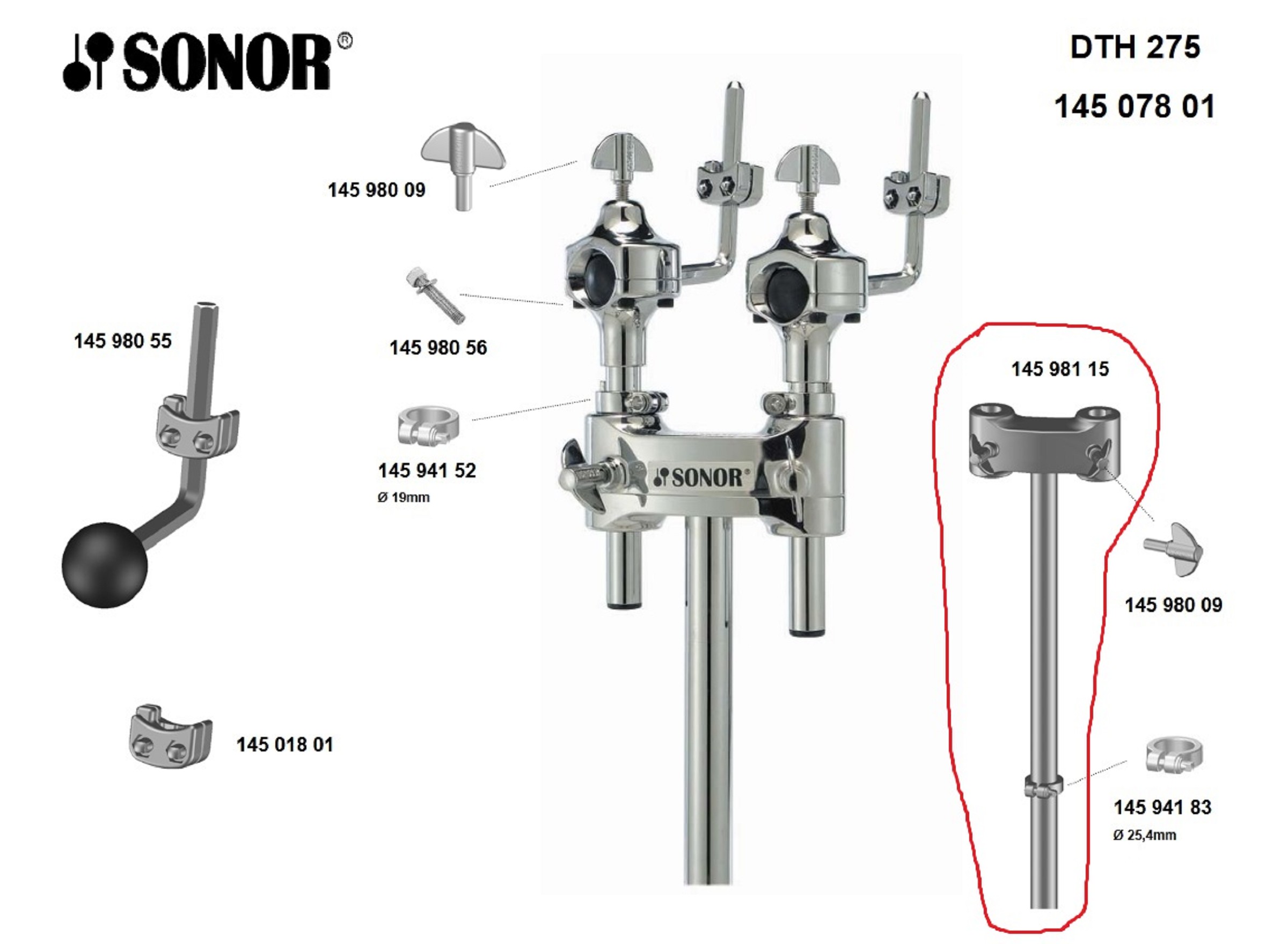 Sonor Parts Rohr mit Doppeltomhalter für HW400 + DTH200
