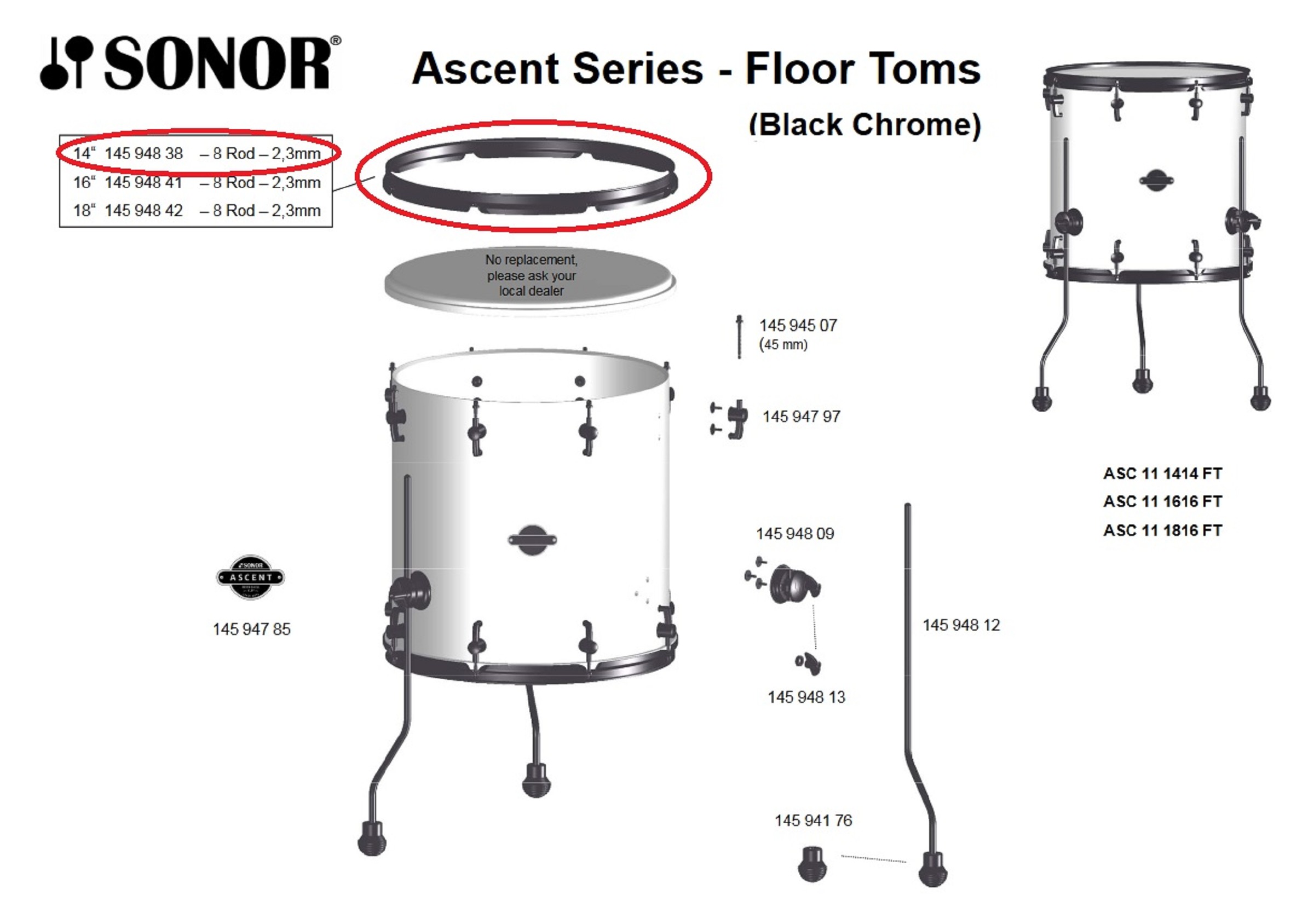 Sonor Parts Spannreifen 14" 8loch 2,3mm black chrom power hoop (ASC)