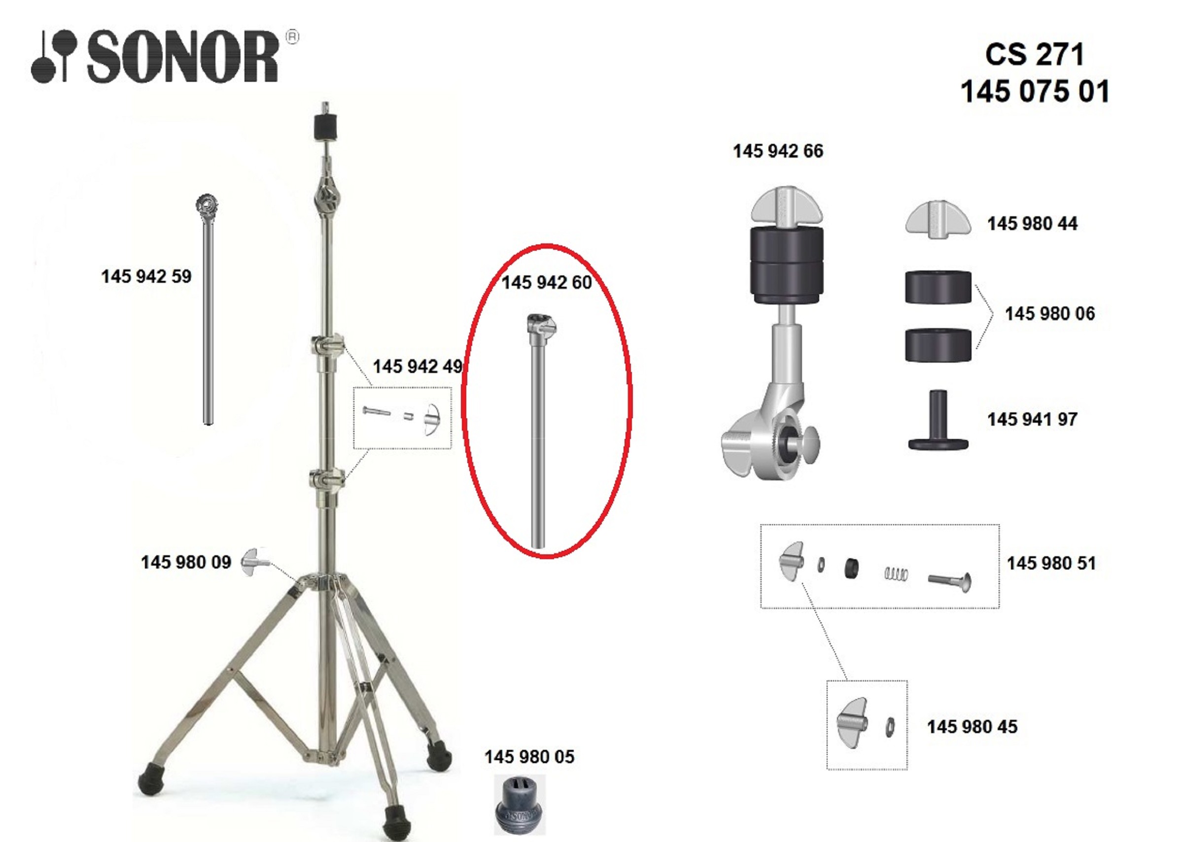 Sonor Parts Mittelrohr mit Klemmuffe für CS 19mm HW200