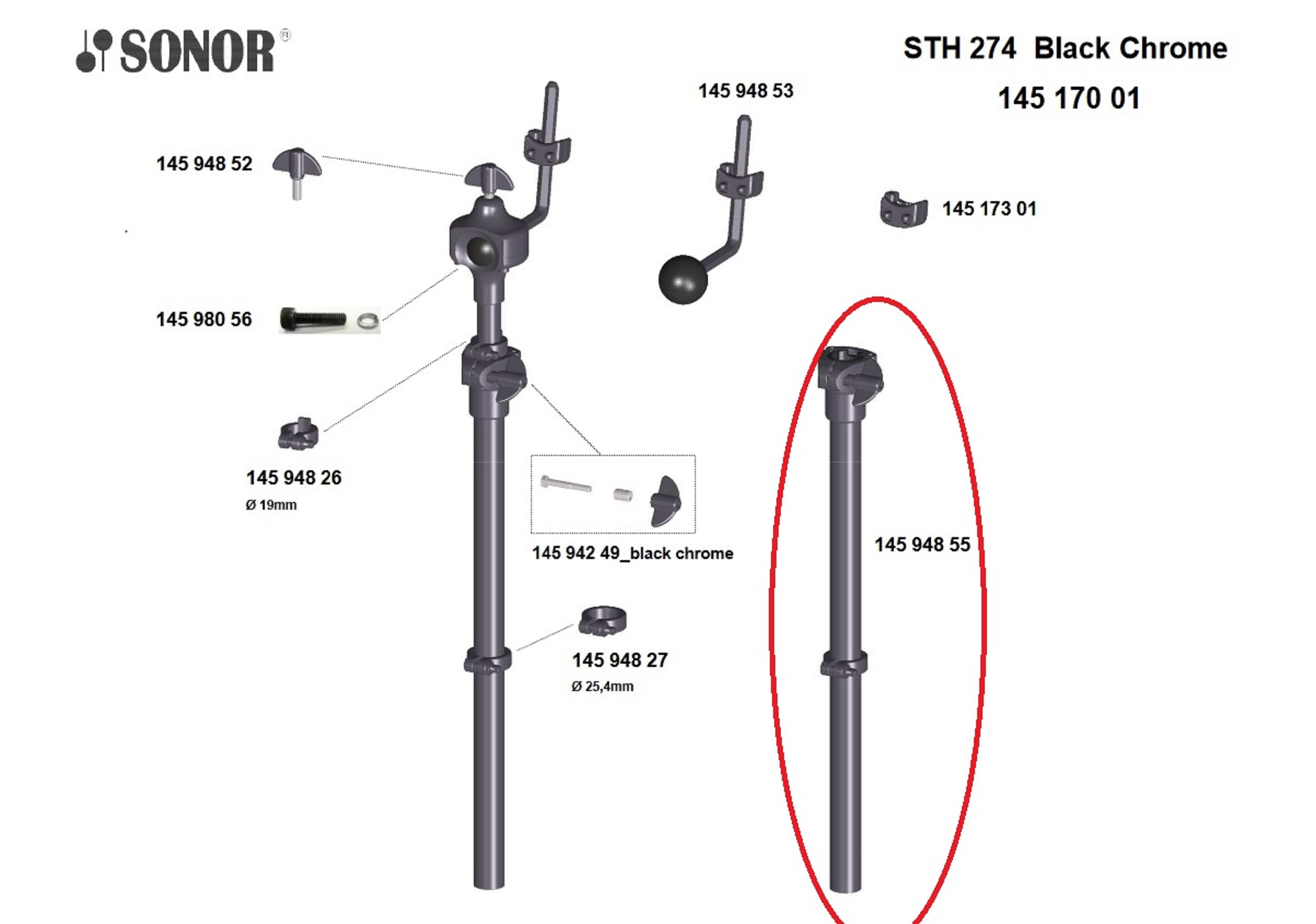 Sonor Parts Mittelrohr mit Klemmmuffe black chrome HW 200
