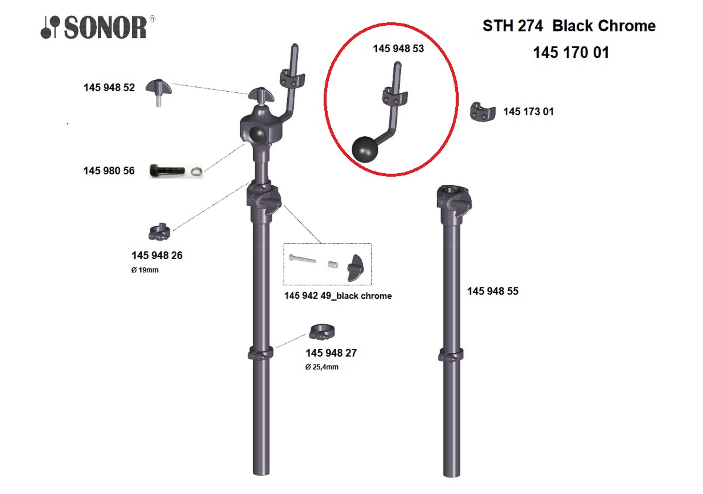 Sonor Parts 6-kant Arm black chrome mit Kugel + ML HW 200