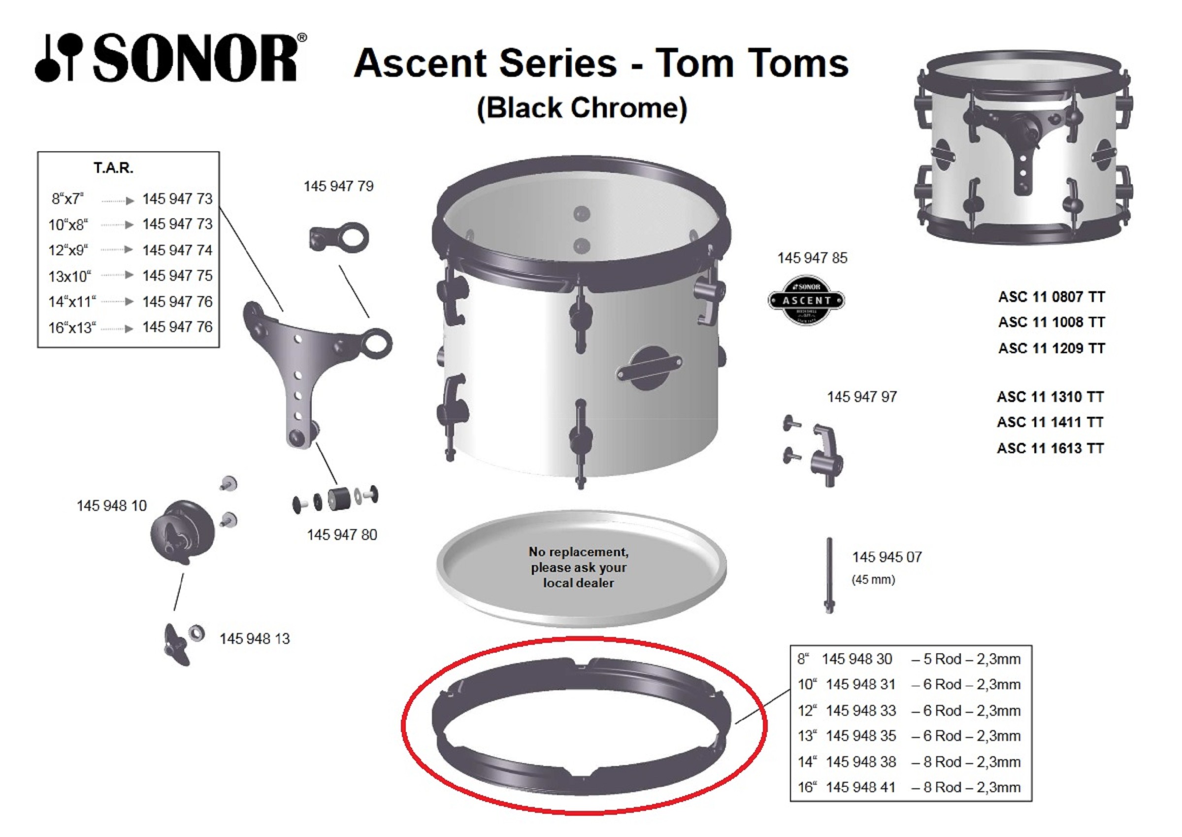 Sonor Parts Spannreifen 8" 5loch 2,3mm black chrom power hoop (ASC)