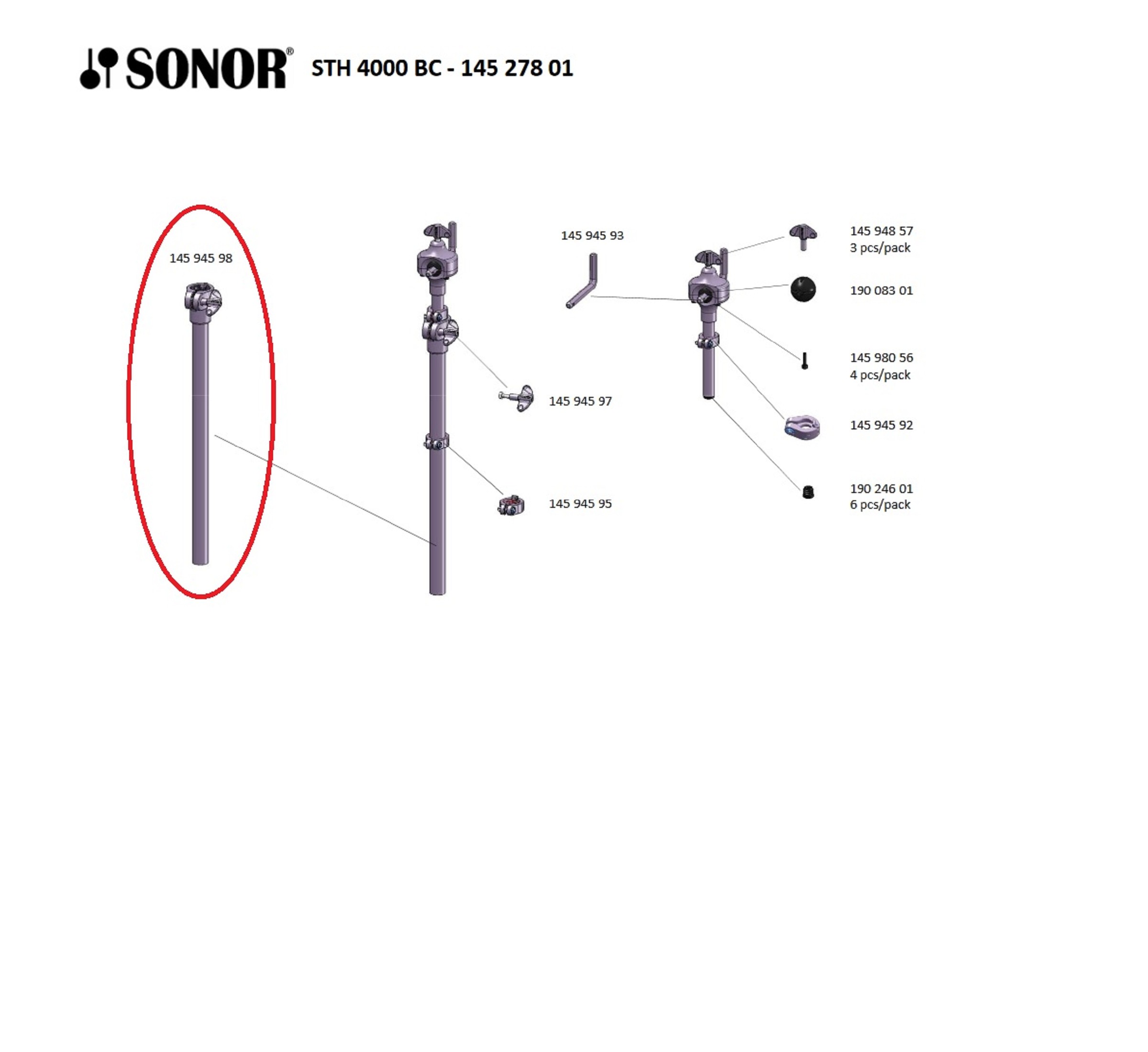 Sonor Parts Mittelrohr 25,4mm black chrom 2-Segmenten Clemp HW4000