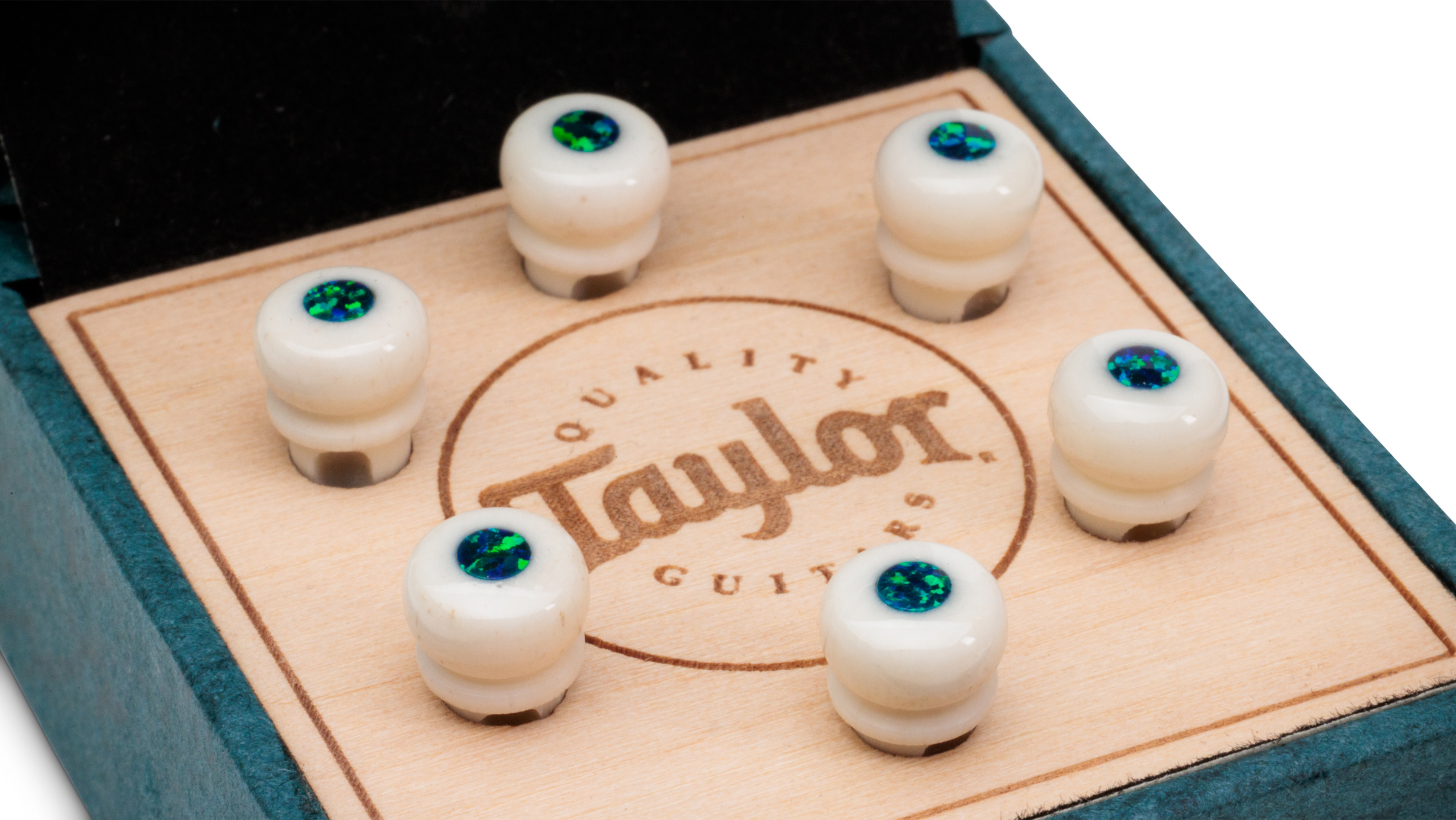 TAYLOR Bridge Pin Set,5"Taper,Bone,White w/Green Opal