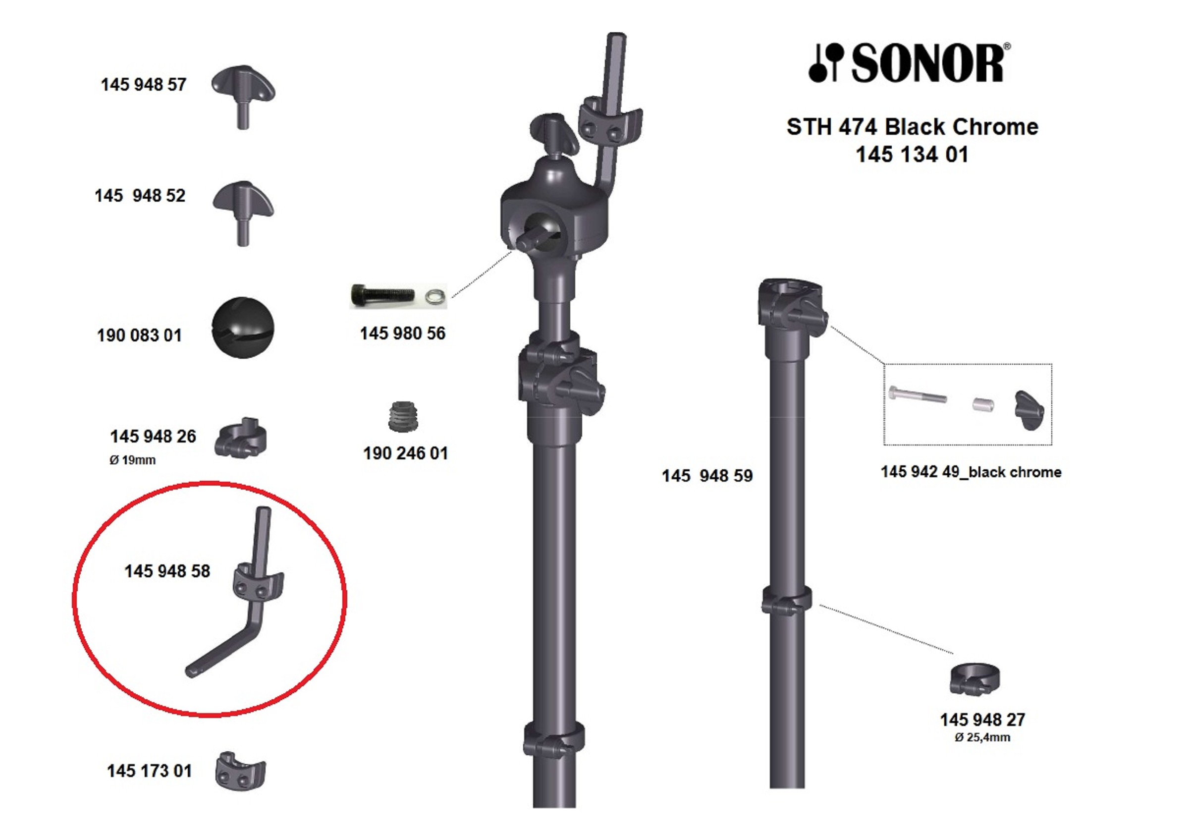 Sonor Parts 6-kant Arm black chrome mit ML HW 400