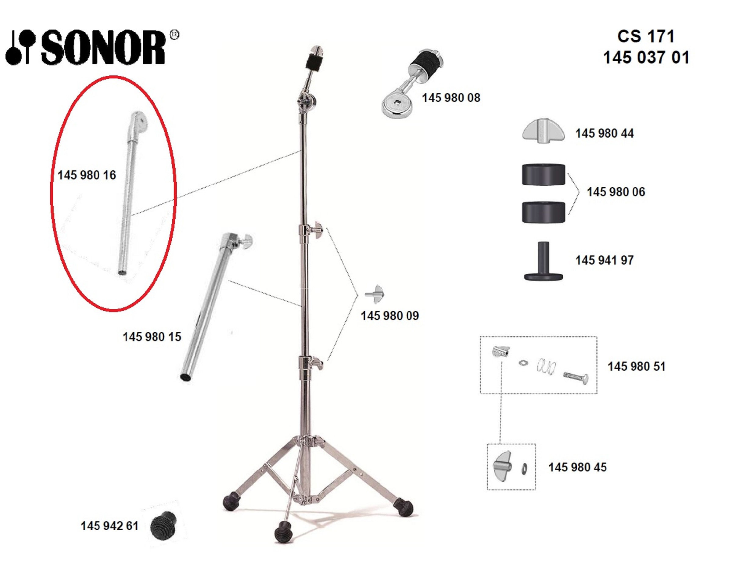 Sonor Parts Rastrohr für Cymbal Ständer 16mm x 450mm (HW100)